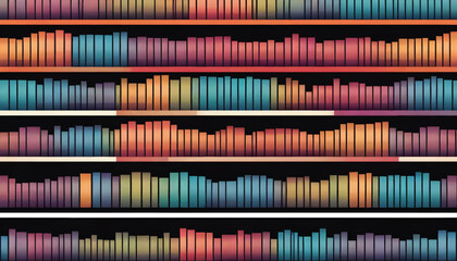 a shelf of books with different colors of rainbows