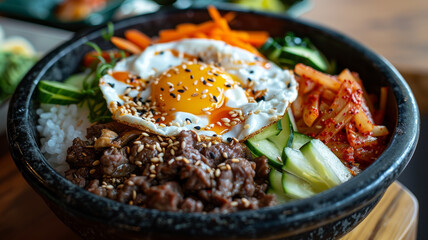 Bibimbap in a bowl with egg and vegetables