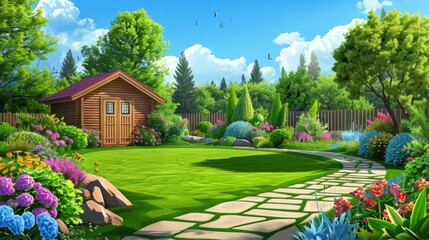 Inviting backyard garden with artificial grass, paved patio, colorful flower beds, and charming wooden shed, summer landscape illustration