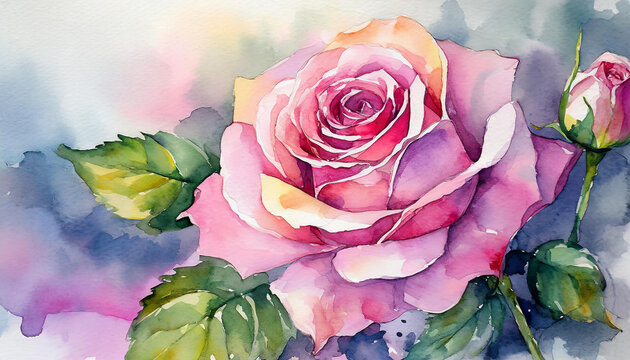 Watercolor painting of rose flower. Botanical hand drawn art. Beautiful floral composition.