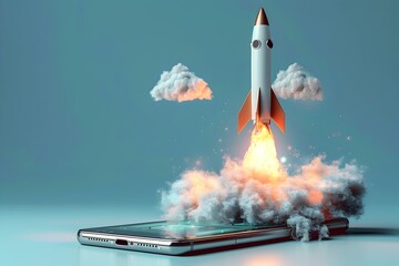 Rocket Bursting Forth from Smartphone Screen Symbolizing Digital and Rapid Technological Progress