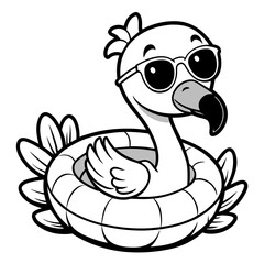Vector baby flamingo, coloring book page for kids, cute, black and white cartoon baby flamingo wearing sunglass hatching from a rubber ring, white background	
