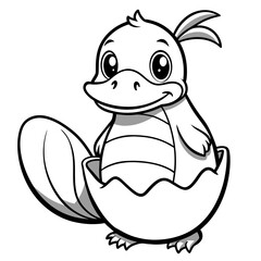 Vector baby platypus, coloring book page for kids, cute, black and white cartoon baby platypus hatching from an egg, white background	
