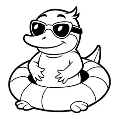Vector baby platypus , coloring book page for kids, cute, black and white cartoon baby platypus  wearing sunglass hatching from a rubber ring, white background	
