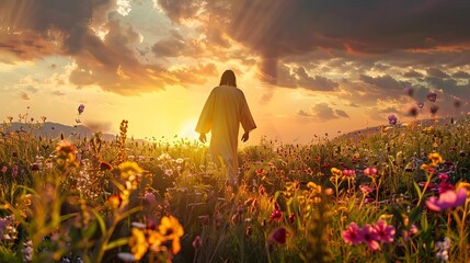Jesus Christ walking in field of wildflowers at sunset, spiritual biblical scene, selective focus, digital painting