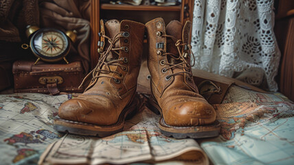 A pair of vintage leather boots on a map - obrazy, fototapety, plakaty