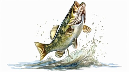 Largemouth Bass Leaping Out of Water, Isolated on White, Realistic Fish Illustration