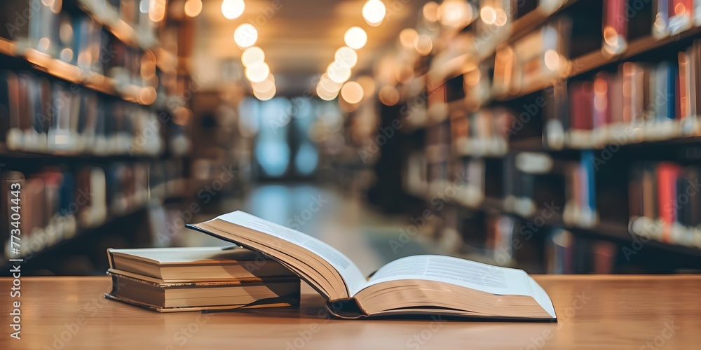 Poster open book on a wooden desk in a library with a stack of books and blurred bookshelf in the backgroun