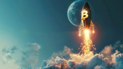 Rocket with bitcoin symbol taking off
