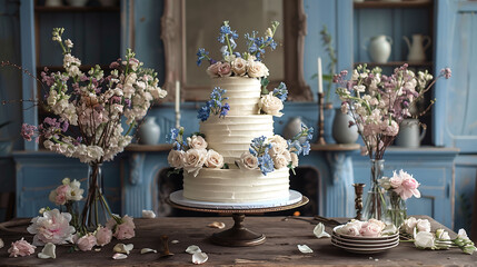 Elegant wedding cake with floral decorations on a vintage table setup. - obrazy, fototapety, plakaty