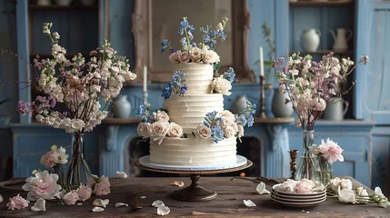 Poster Elegant wedding cake with floral decorations on a vintage table setup. © amixstudio