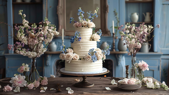 Elegant wedding cake with floral decorations on a vintage table setup.