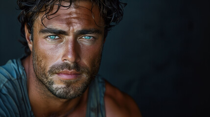 Fototapeta premium Close-up portrait of a handsome man with intense blue eyes and stubble, looking thoughtfully at the camera.