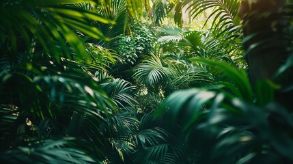 Lush tropical jungle with dense green foliage, nature background
