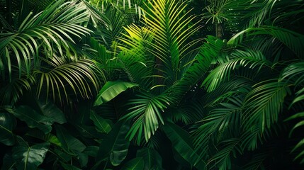 Lush tropical jungle with dense green foliage, nature background - obrazy, fototapety, plakaty