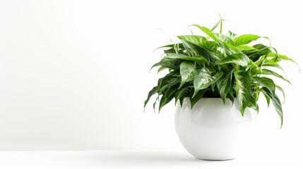 Lush tropical plant with dense foliage in modern white vase, isolated on white background, studio photography