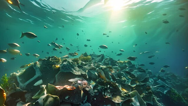 Underwater view of a large amount of trash in the ocean, Underwater view of a pile of garbage in the ocean. 3d rendering, AI Generated