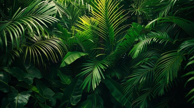 Lush tropical jungle with dense green foliage, nature background