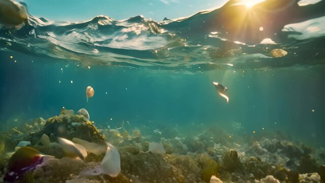 Underwater view of a seabed with trash and plastic bottles, Underwater view of a pile of garbage in the ocean. 3d rendering, AI Generated