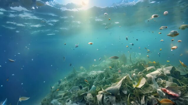 Underwater view of a tropical coral reef with fish and garbage, Underwater view of a pile of garbage in the ocean. 3d rendering, AI Generated