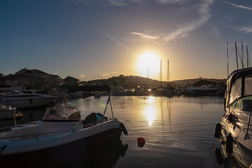Sunrise view seen from idyllic port of coastal town Medulin, Istria peninsula, Croatia, Europe....