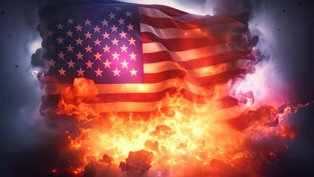 American flag burning in flames and smoke on dark background with copy space, USA vs China Flag on fire, AI Generated