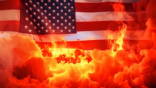 American flag with smoke and fire on a dark background. 3d rendering, USA vs China Flag on fire, AI Generated