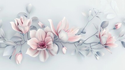 Luxurious watercolor floral composition with delicate flowers and leaves, elegant botanical 3D illustration