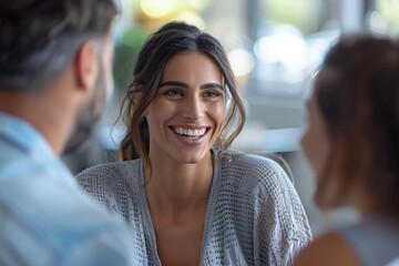 Woman Smiling During Friendly Conversation - obrazy, fototapety, plakaty