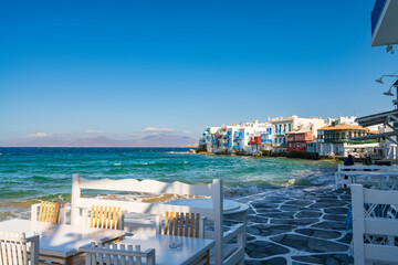 Little Venice in Mykonos town, Mykonos island, Greece - 773405032