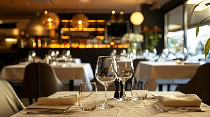 Luxury restaurant interior with modern ambiance, tables ready for dining in style