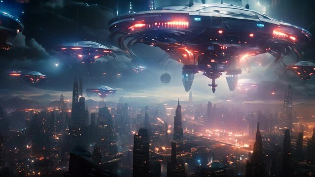 Futuristic alien spaceship flying over the city. 3D rendering, war of the world with gigantic spaceships above a city, tentacles hanging down from the saucer-shaped spaceships, AI Generated