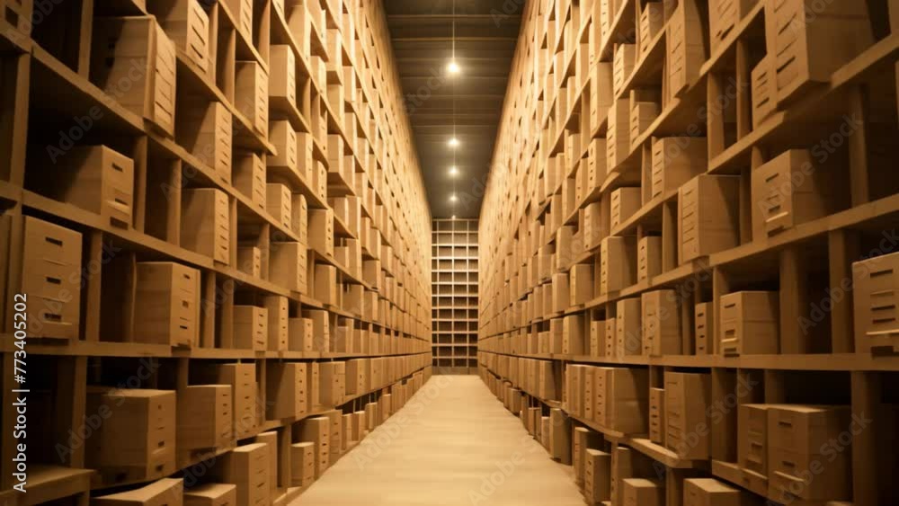 Poster 3d rendering of a warehouse with rows of wooden boxes in a row, warehouse or warehouse with rows of 