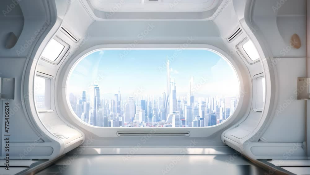 Poster white spaceship interior with window and city view. 3d rendering, white spaceship interior with wind
