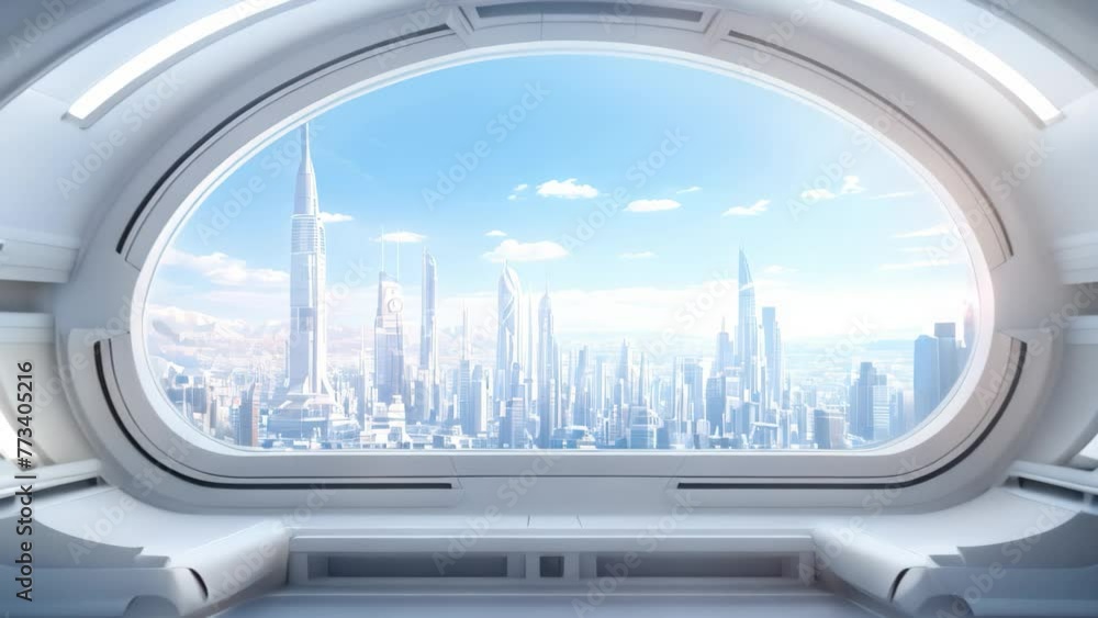 Poster spaceship interior with window view on city. 3d rendering, white spaceship interior with window view