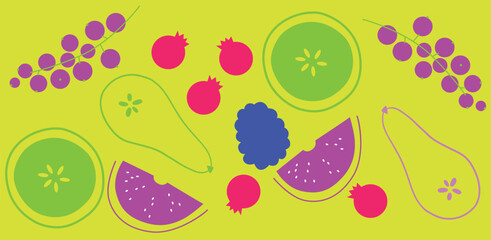 Fototapeta premium Fruits and berries. Summer fruits vector collection. Flat abstract style