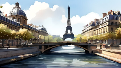 Paris painting. Drawing of the Eiffel Tower in France. - obrazy, fototapety, plakaty