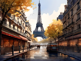 Fototapeta na wymiar Paris painting. Drawing of the Eiffel Tower in France.