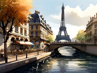 Paris painting. Drawing of the Eiffel Tower in France.