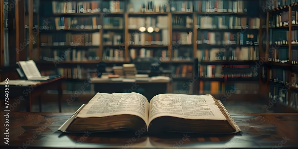 Poster old open textbook on reading desk in a library with bookshelves in the background. concept library, 