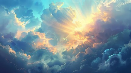 Majestic sky with divine light shining through the clouds, symbolizing faith and spirituality, digital painting