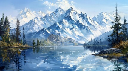 Majestic snow-capped mountain range reflected in a serene lake, oil painting