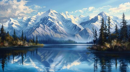 Majestic snow-capped mountain range reflected in a serene lake, oil painting