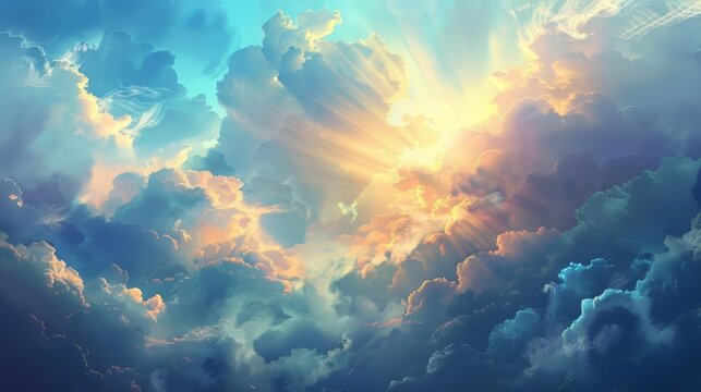 Majestic sky with divine light shining through the clouds, symbolizing faith and spirituality, digital painting