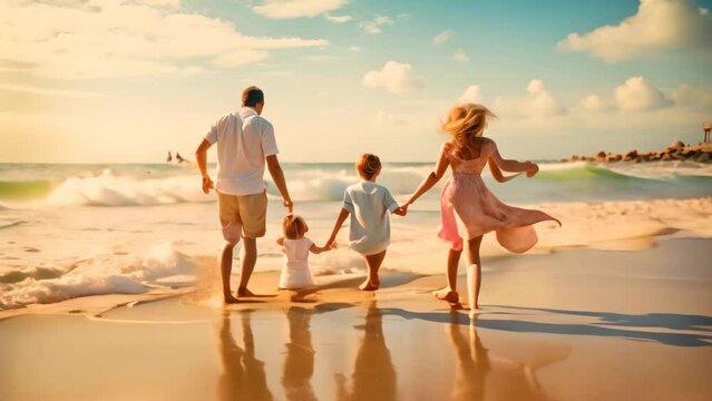 Happy family of four having fun on the beach. Young parents with their children walk along the sea shore, rear view Happy young family run and jump on summer beach, AI Generated