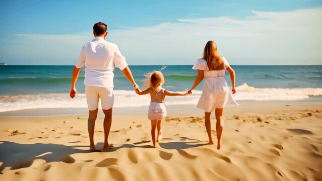happy young family in white clothing have fun at vacations on beautiful beach, rear view Happy young family run and jump on summer beach, AI Generated