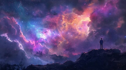 Man Gazing at Majestic Nebula in Deep Space, Astronomical Wonder, Realistic Digital Painting - obrazy, fototapety, plakaty