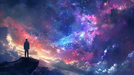 Man Gazing at Majestic Nebula in Deep Space, Astronomical Wonder, Realistic Digital Painting - obrazy, fototapety, plakaty