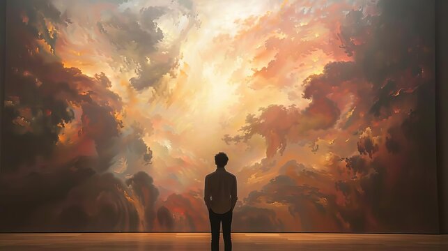 Man Gazing at Abstract Heavenly Painting in Art Gallery, Spiritual Inspiration, Rear View Photo