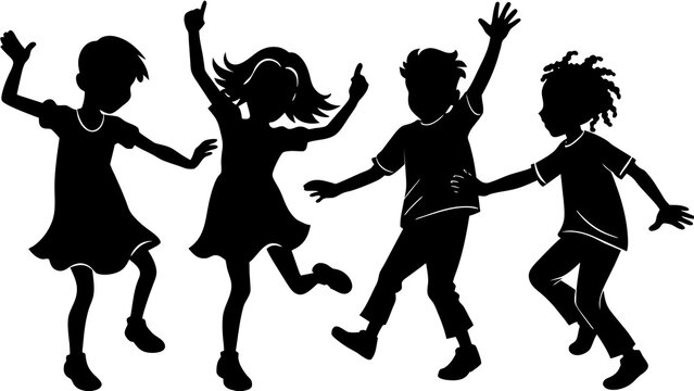 Joyful Kids Dancing Silhouettes Vibrant Cartoon Vector Illustration